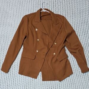 SHEIN Brown Double-Breasted Blazer with Gold Buttons